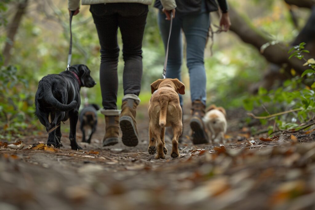Two individuals stroll with their four leashed dogs along a forest trail